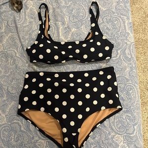 J crew high waisted navy and white polka dot bikini